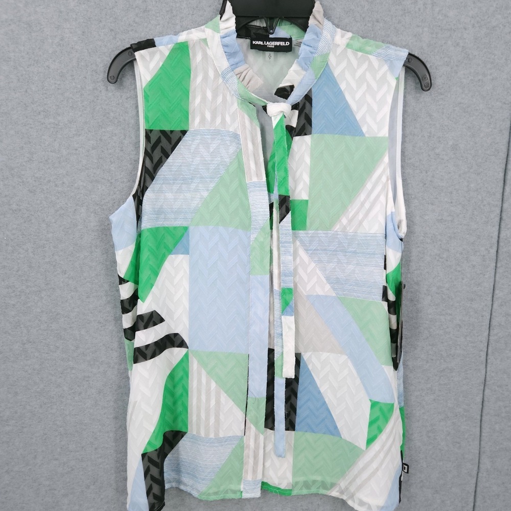 Karl Lagerfeld Paris Printed Geometric Tie Neck Sleeveless Blouse Womens Size S